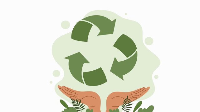 Animated Recycle Symbol Rotating Over Cupped Hands