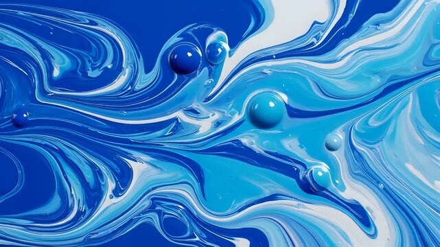 Abstract Blue and White Liquid Paint Swirls Macro Shot.