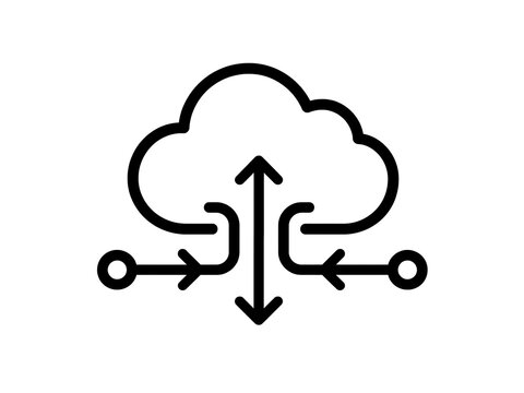 Cloud computing icon with inbound and outbound data flow arrows connected to external network nodes computing transfer