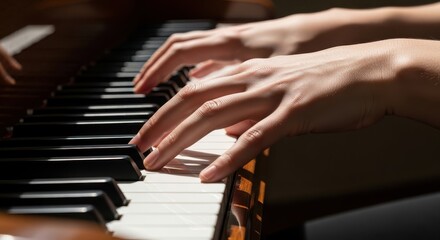 Fototapeta premium Photorealistic close-up image of hands playing melodic notes on a grand piano keyboard with fingers pressing ivory keys in a softly lit elegant indoor setting