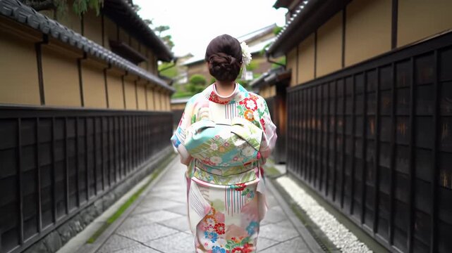Young asian woman in vibrant silk kimono, elegant obi, intricate updo & flower walks down traditional japanese alleyway with wooden buildings. Peaceful japanese journey.