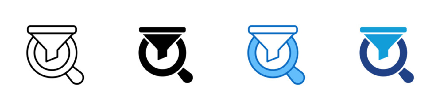 Filtered Data Insights Multiple Style Icon Design Vector - Funnel and magnifying glass representing data filtering analysis, segmented business insights, and targeted report investigation