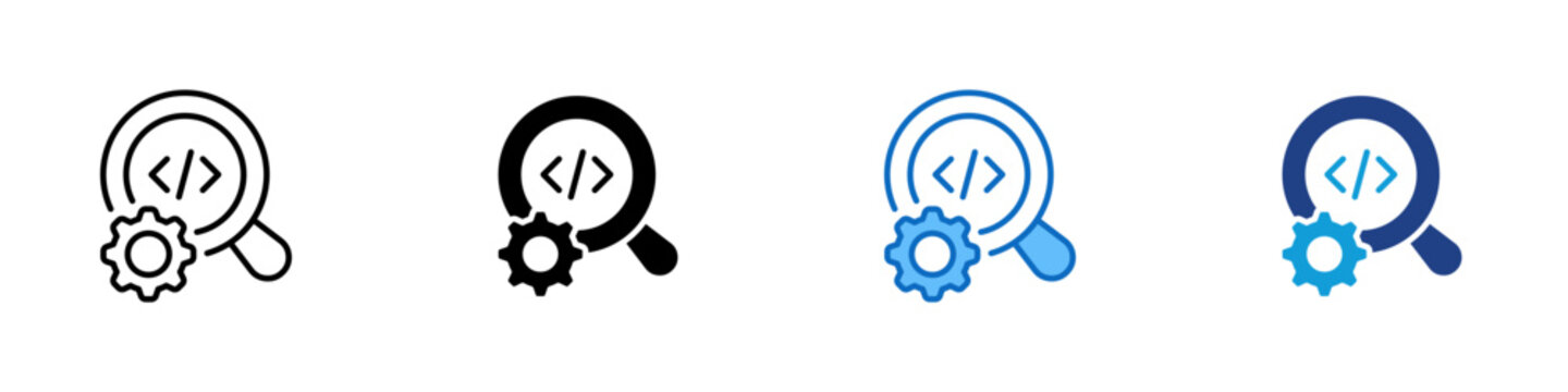 Code Review Search Multiple Style Icon Design Vector - Magnifying glass and gear with code brackets representing code inspection, debugging analysis, and software quality review