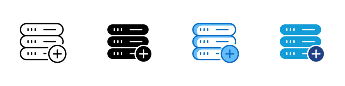 Database Expansion Multiple Style Icon Design Vector - Server stack with plus button representing database capacity expansion, storage scaling, and new server provisioning in infrastructure management