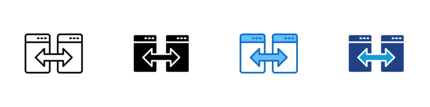 Cross Browser Data Transfer Multiple Style Icon Design Vector - Two browser windows with arrow representing cross browser comparison, app data migration, and bidirectional content transfer