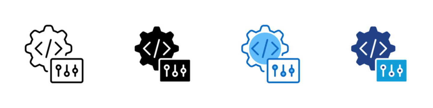 Developer Parameter Settings Multiple Style Icon Design Vector - Gear beside panel with sliders representing developer configuration, code parameter tuning, and advanced software settings adjustment