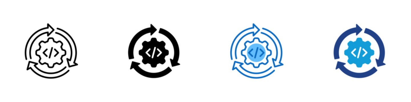 DevOps Cycle Multiple Style Icon Design Vector - Circular arrows surrounding a gear with code brackets representing continuous integration, agile development loop, and automated software update cycle