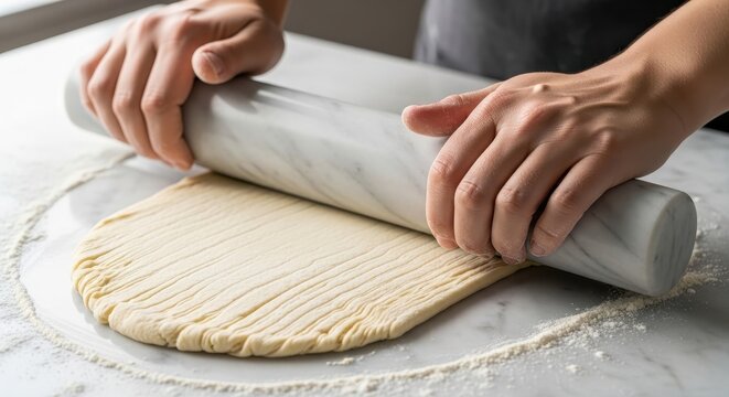 A person rolls out flaky pastry dough with a marble rolling pin on a countertop.