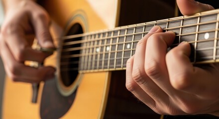 Obraz premium Photorealistic close-up image of hands strumming chords on acoustic guitar with fingers on strings and fretboard showing dynamic motion and realistic details.