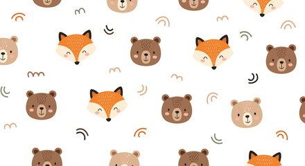 Obraz premium Charming seamless pattern of cute baby fox and bear faces with small abstract elements on a white background.