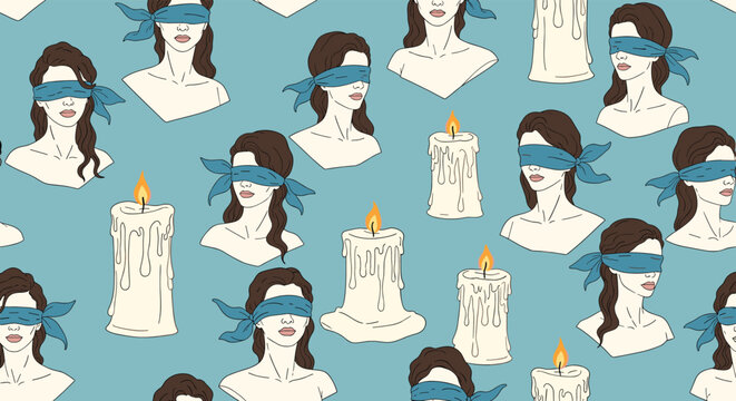 Eerie seamless pattern of blindfolded women silhouettes and melting lit candles over a solid blue background color.