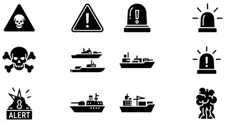 Fototapeta premium Set of black vector icons representing danger and military vessels