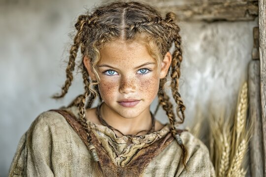 Portrait of a Beautiful Girl with Braids and Blue Eyes with Rustic Setting.