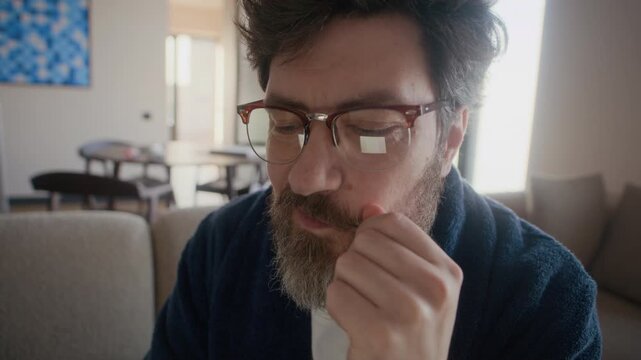 Close up of hands and face of mature adult Caucasian man with messy hair wearing eyeglasses writing novel on laptop