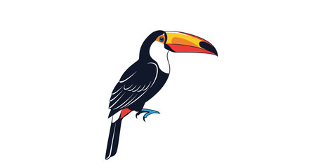 Naklejka premium Exotic toco toucan with vibrant orange and red beak perched on an invisible branch against a plain white background for wildlife design.