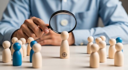 Fototapeta premium Businessman examines individual with magnifying glass among group of people