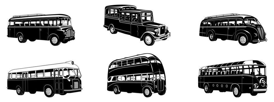Retro Buses Silhouettes Set. Vector cliparts isolated on white.