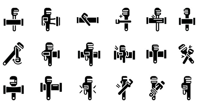 Set of black plumber pipe wrench vector graphic flat icons
