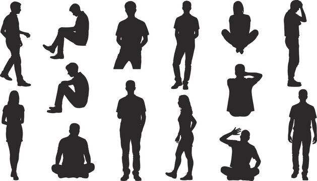 Collection of diverse human silhouettes in various poses and activities people woman standing