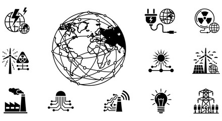 Obraz premium Collection of global energy icons featuring power and infrastructure symbols