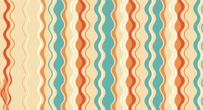 Seamless pattern of vertical wavy lines in retro colors of orange, red, teal, and cream for seventy style interior design decorations.