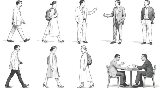 Collection of diverse men and women in business attire, walking and conversing, rendered in a style people