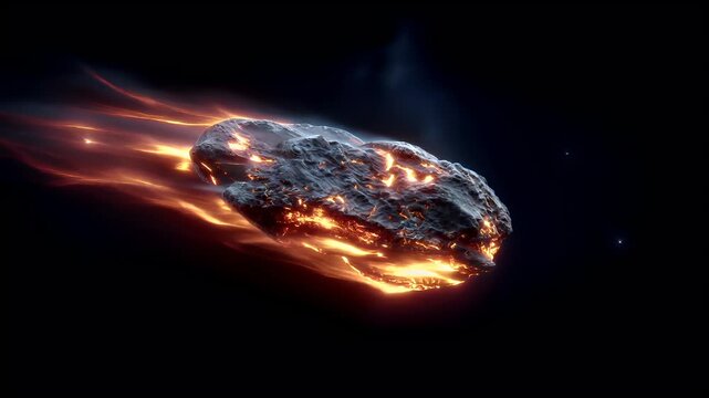 Space universe exploration, fantasy, mysterious. A vivid depiction of a fiery, molten object, likely a meteor or meteorite, is depicted in a dynamic pose. The object is engulfed in flames.