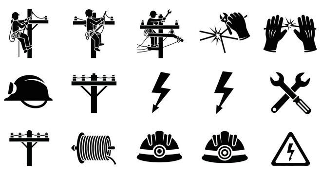 Collection of vector line worker icons for electrical repair projects
