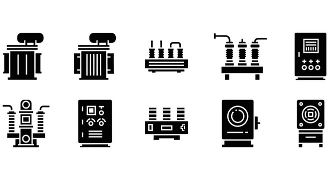 Set of black electrical power station equipment vector icons