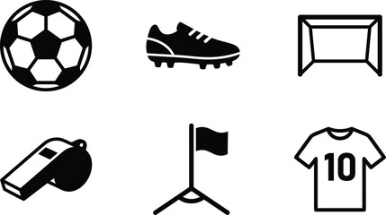 Set of soccer equipment icons including ball, cleat, goalpost, whistle, corner flag and jersey illustration © BhobeshChandra