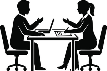 Fototapeta premium Silhouette business consultation with laptop and tablet at office desk symbolizing teamwork, collaboration, communication, and professional discussion