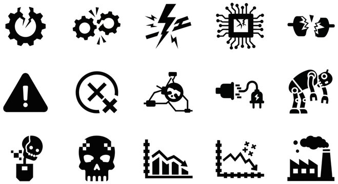 Black and white vector set representing technical system failure icons