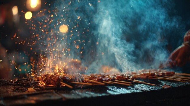 A cinematic close-up of an Indonesian street vendor grilling chicken satay over glowing charcoal at a vibrant night market.