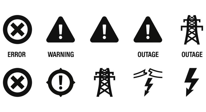 Set of black and white hazard and electrical outage icons