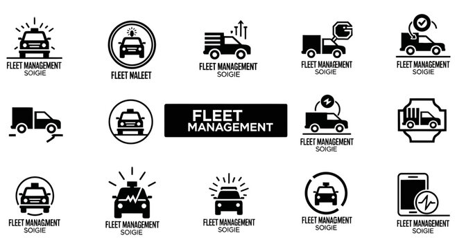 Set of black fleet management icons for logistics and tracking
