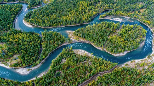 Aerial perspective captures winding waterway meandering through dense temperate forest landscape