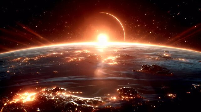 Space universe exploration, fantasy, mysterious. A vivid depiction of a celestial scene depicts a radiant sun rising over a planet. The sun casts a warm, fiery glow over the planets surface.