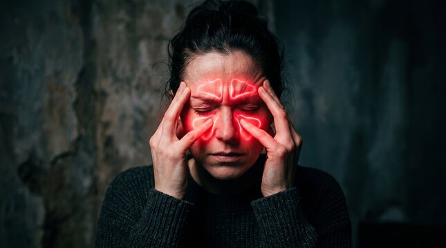 Woman with sinus pain touching her face. Glowing red area indicating inflammation in the nasal cavity and forehead. Medical concept of sinusitis, headache and health problem.