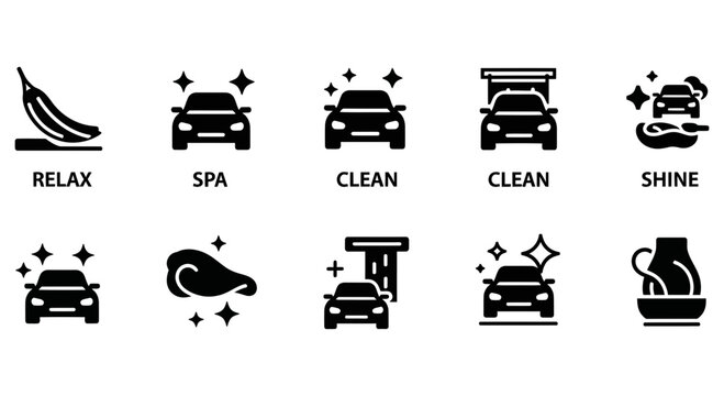 Set of black car wash and spa service vector icons