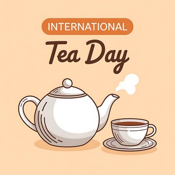 International tea day illustration with teapot and cup on orange background
