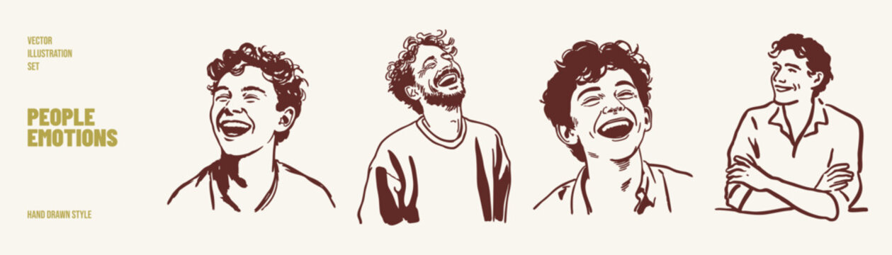 Happy people laughing smiling faces emotion set. Characters showing joy, humor and cheerful reactions. Illustrations for emotive design and social content in hand drawn sketch style.