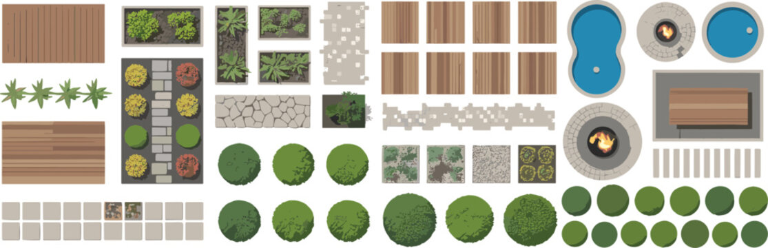 Top-down view of landscaping including planters, trees, bushes, pool, fire pit, and wooden deck overhead