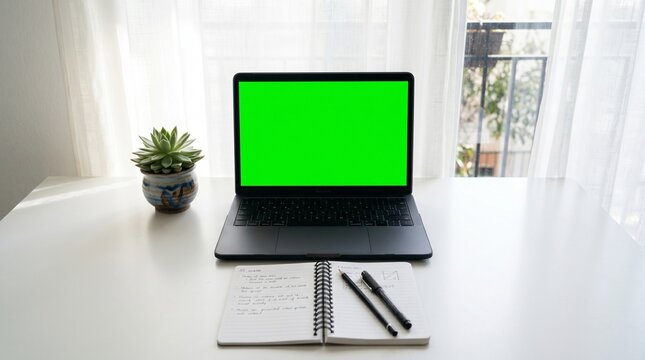 Modern workspace setup with laptop, notebook, and succulent plant on white desk