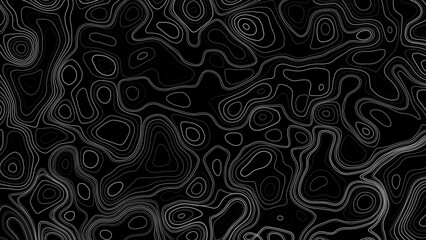 Abstract Vector Topographic Map Texture with White Contour Lines on Black Background.  © Creative