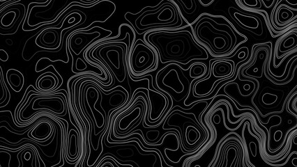 Abstract Vector Topographic Map Texture with White Contour Lines on Black Background.  © Creative