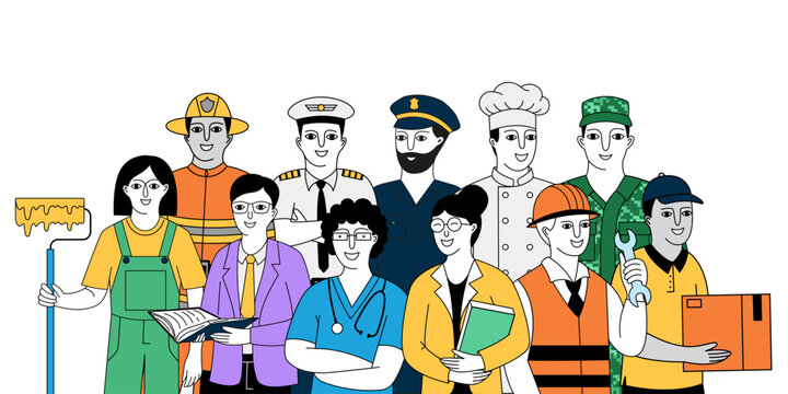 Diverse group of workers from different professions standing together.