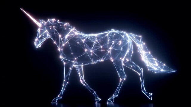 Space universe exploration, fantasy, mysterious. A digital artwork depicts a wireframe unicorn, rendered in a lowpoly style. The unicorn is depicted in a dynamic pose.