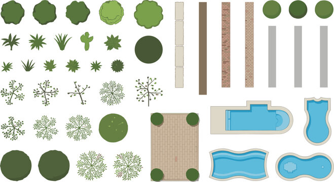 Top-down view of various garden including trees, plants, pools, and paving stones aerial view landscape