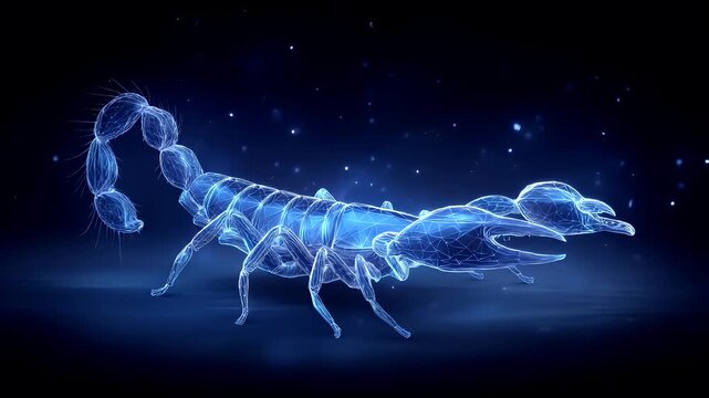 Space universe exploration, fantasy, mysterious. A digital artwork depicts a detailed, wireframe scorpion. The scorpion is rendered in a gradient of blue.