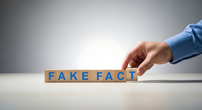 Hand placing wooden blocks with fake fact text on a table surface